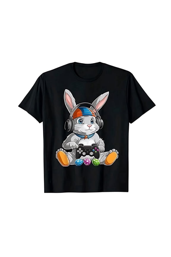 Mens Fashionable Crew Neck T-Shirt - Comfortable Fit,PatternedPrint Gamer Bunny Easter Tee Perfect for Gamers,Streetwear Black graphic tees men gifts