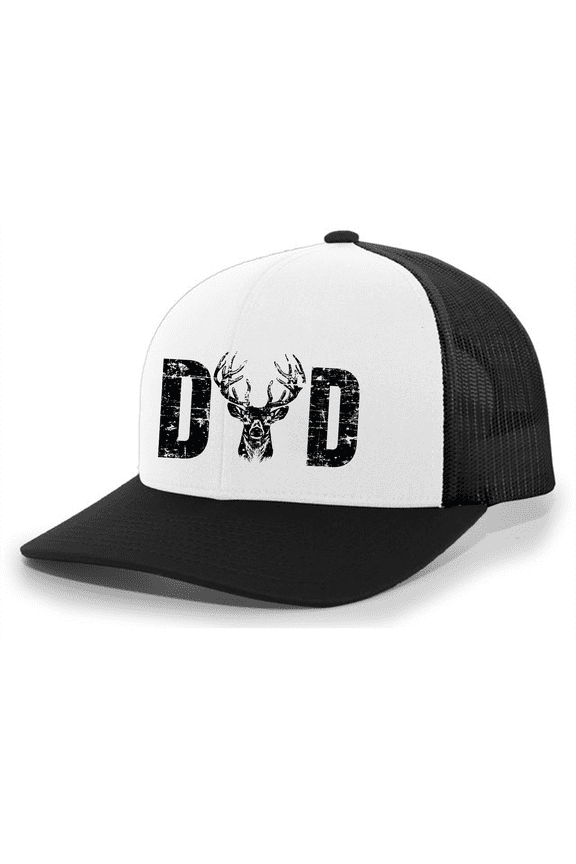 Mens Father's Day Dad Buck Deer Antler Cool Country Mens Embroidered Mesh Back Trucker Hat-Black/White/Black