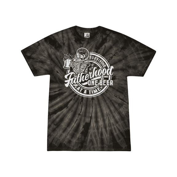 Mens Father's Day Funny Skeleton Holding Beer Surviving Fatherhood One Beer At A Time Short Sleeve T-Shirt-Black Tie-Dye-Large