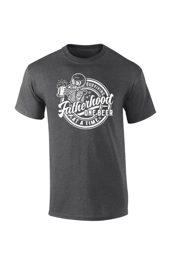 Mens Father's Day Funny Skeleton Holding Beer Surviving Fatherhood One Beer At A Time Short Sleeve T-Shirt-Heather Grey-X-Large
