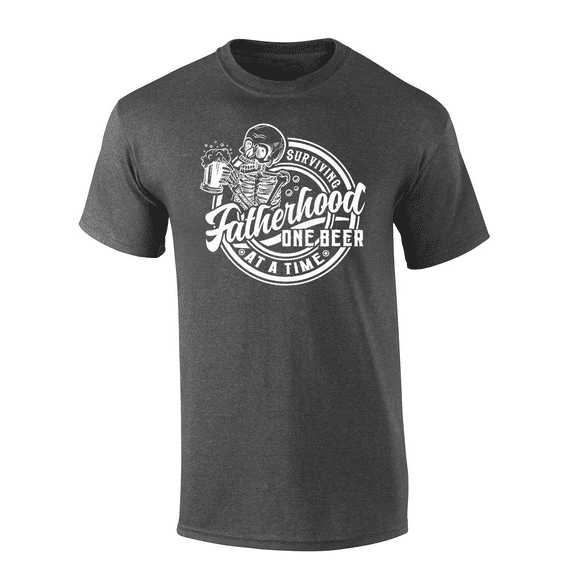 Mens Father's Day Funny Skeleton Holding Beer Surviving Fatherhood One Beer At A Time Short Sleeve T-Shirt-Heather Grey-XX-Large