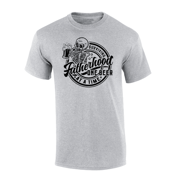 Mens Father's Day Funny Skeleton Holding Beer Surviving Fatherhood One Beer At A Time Short Sleeve T-Shirt-Sport Grey-4X-Large