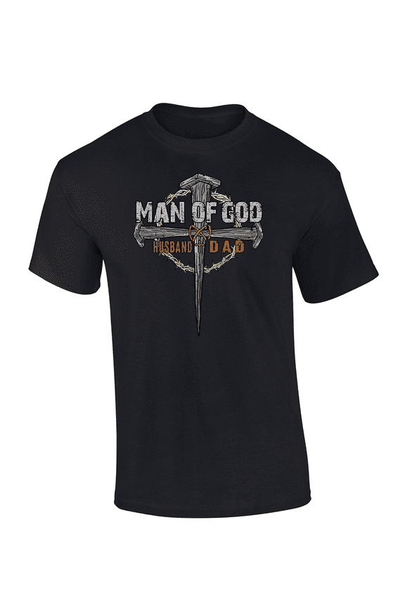 Mens Father's Day Man Of God Crown Cross Husband And Dad Christian Short Sleeve T-Shirt-Black-X-Large