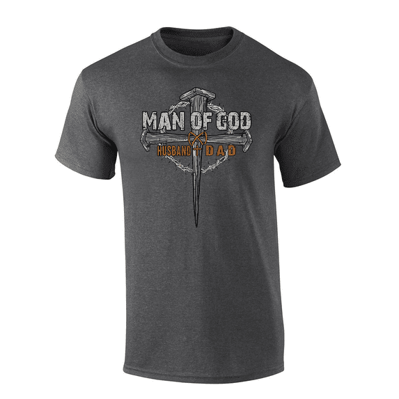 Mens Father's Day Man Of God Crown Cross Husband And Dad Christian Short Sleeve T-Shirt-Heather Grey-Medium