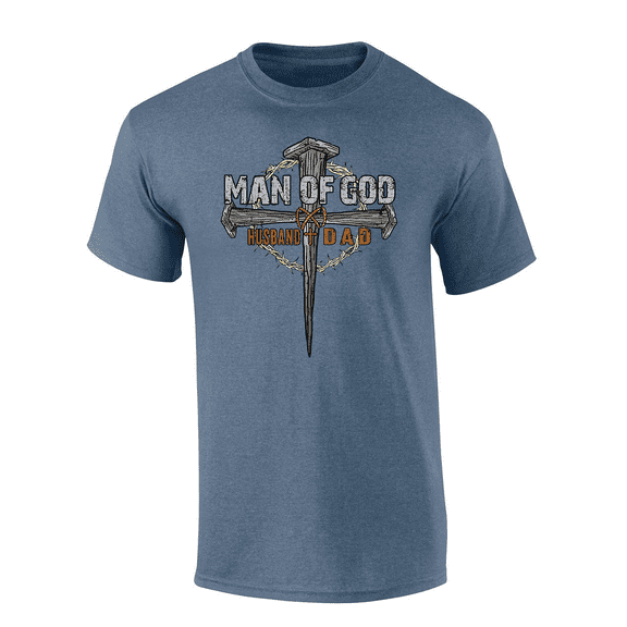 Mens Father's Day Man Of God Crown Cross Husband And Dad Christian Short Sleeve T-Shirt-Heather Indigo-Small