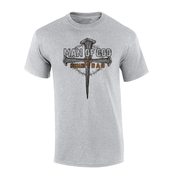 Mens Father's Day Man Of God Crown Cross Husband And Dad Christian Short Sleeve T-Shirt-Sport Grey-5X-Large
