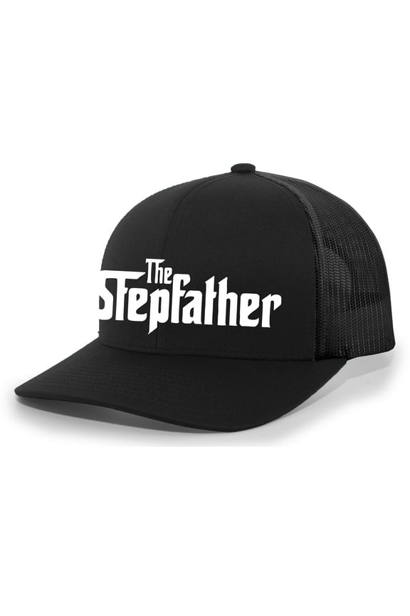 Mens Fathers Day Hat The Stepfather Funny Mesh Back Trucker Hat, Black/Black