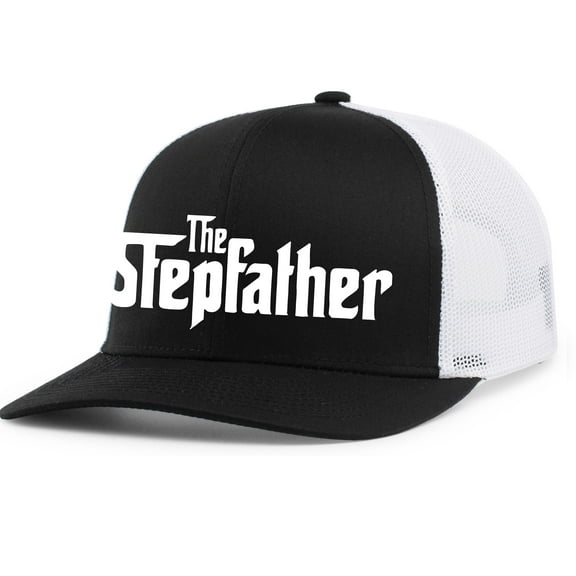 Mens Fathers Day Hat The Stepfather Funny Mesh Back Trucker Hat, Black/White