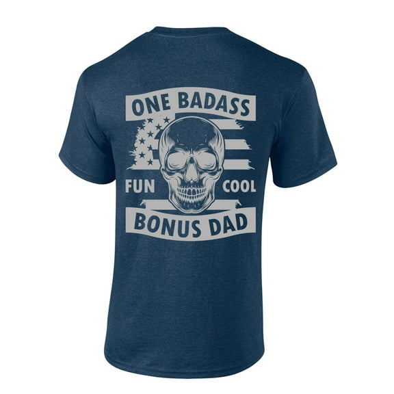 Mens Fathers Day Tshirt One Badass Bonus Dad Skull Funny Short Sleeve T-shirt-Heather Navy-medium