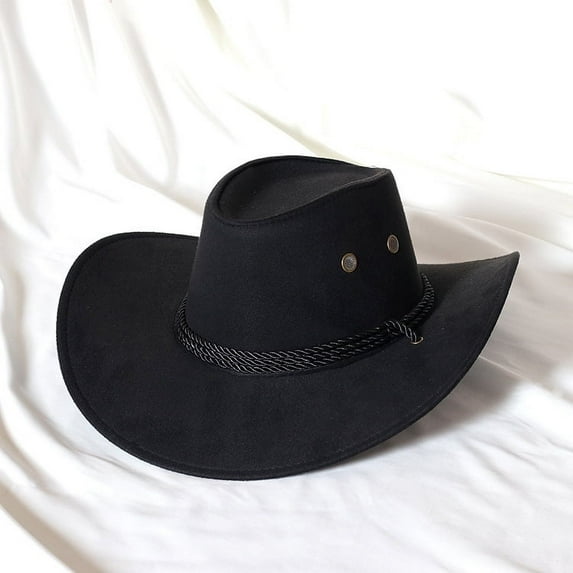 Mens Faux Felt Western Cowboy Hat Fedora Outdoor Wide Brim Hat with Strap