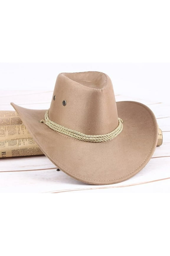 Mens Faux Felt Western Cowboy Hat Fedora Outdoor Wide Brim Hat with Strap