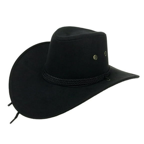 Mens Faux Felt Western Cowboy Hat Fedora Outdoor Wide Brim Hat with Strap