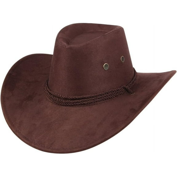 Mens Faux Felt Western Cowboy Hat Fedora Outdoor Wide Brim Hat with Strap