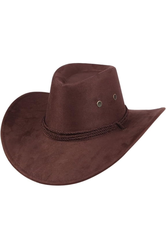 Mens Faux Felt Western Cowboy Hat Fedora Outdoor Wide Brim Hat with Strap