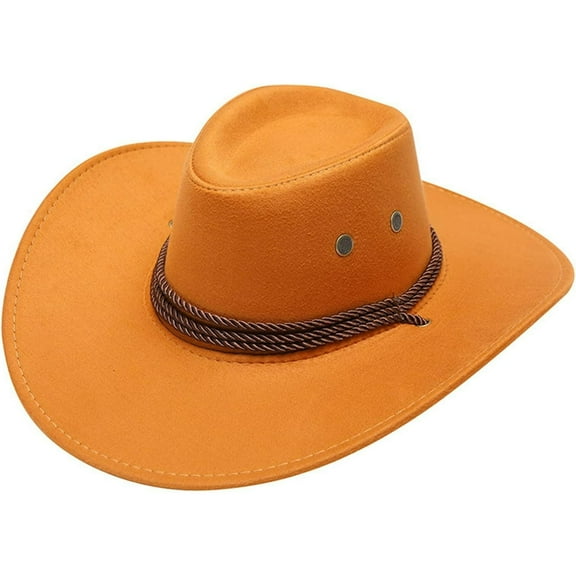 Mens Faux Felt Western Cowboy Hat Fedora Outdoor Wide Brim Hat with Strap