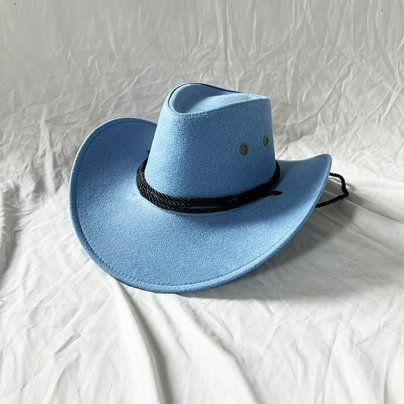 Mens Faux Felt Western Cowboy Hat Fedora Outdoor Wide Brim Hat with Strap