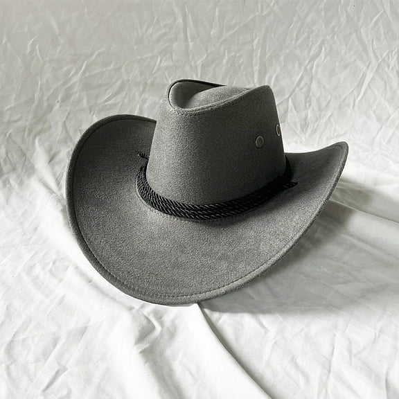 Mens Faux Felt Western Cowboy Hat Fedora Outdoor Wide Brim Hat with Strap