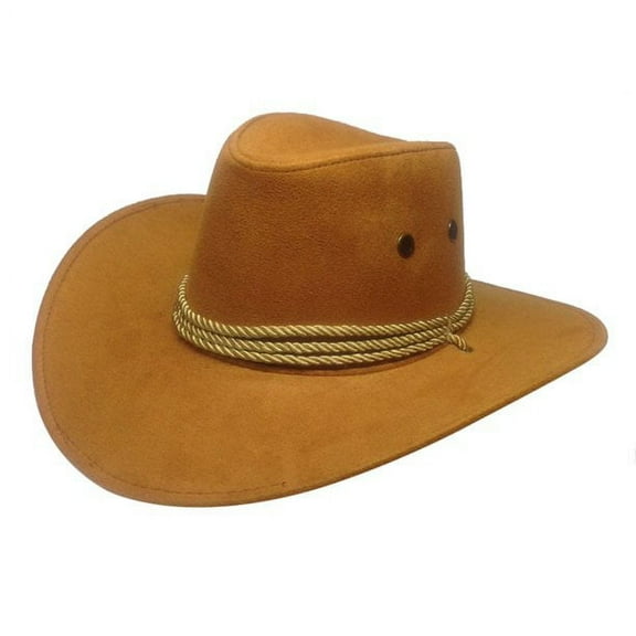 Mens Faux Felt Western Cowboy Hat Fedora Outdoor Wide Brim Hat with Strap