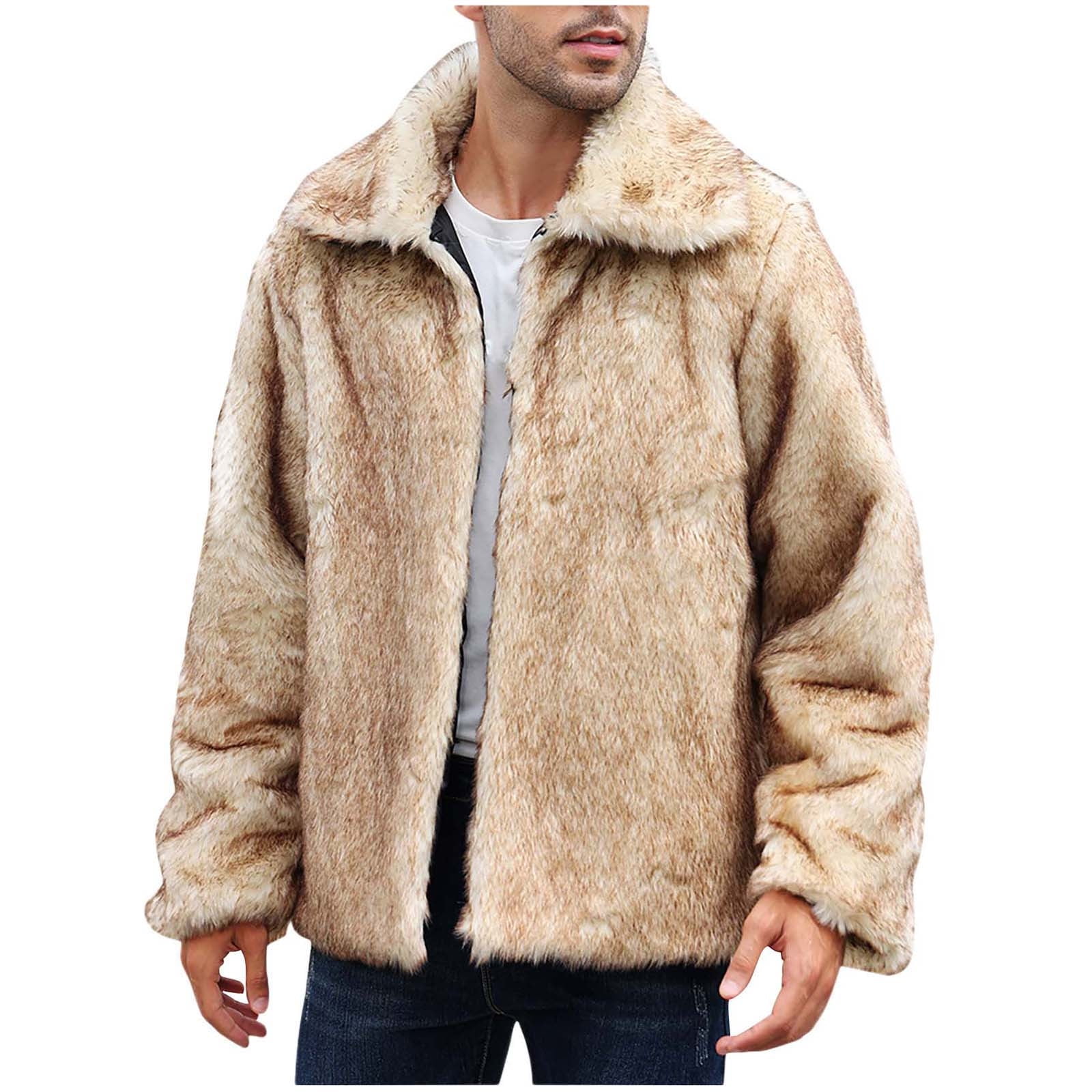 Mens faux fur coat luxury solid lapel long sleeve overcoat winter warm