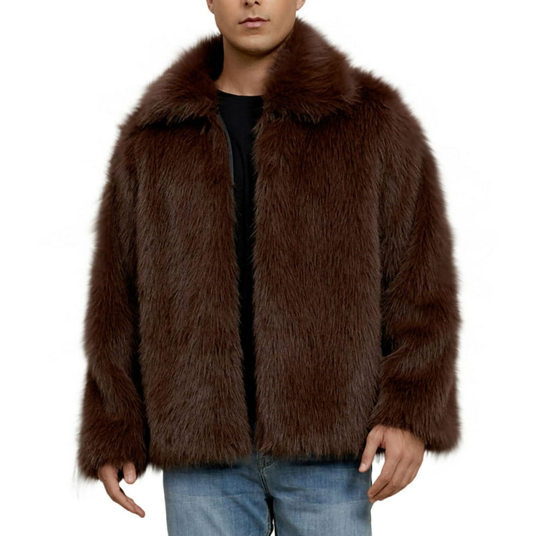 Mens Faux Fur Coat Winter Furry Jacket Luxury Fluffy Lapel Long