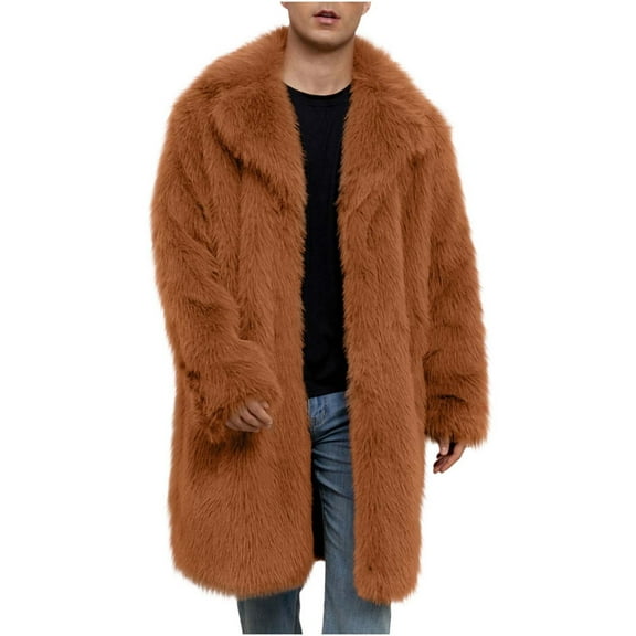 Mens Faux Fur Coat Winter Long Fleece Jacket Fluffy Lapel Long Sleeve Parka Warm Open Front Cardigan Overcoat
