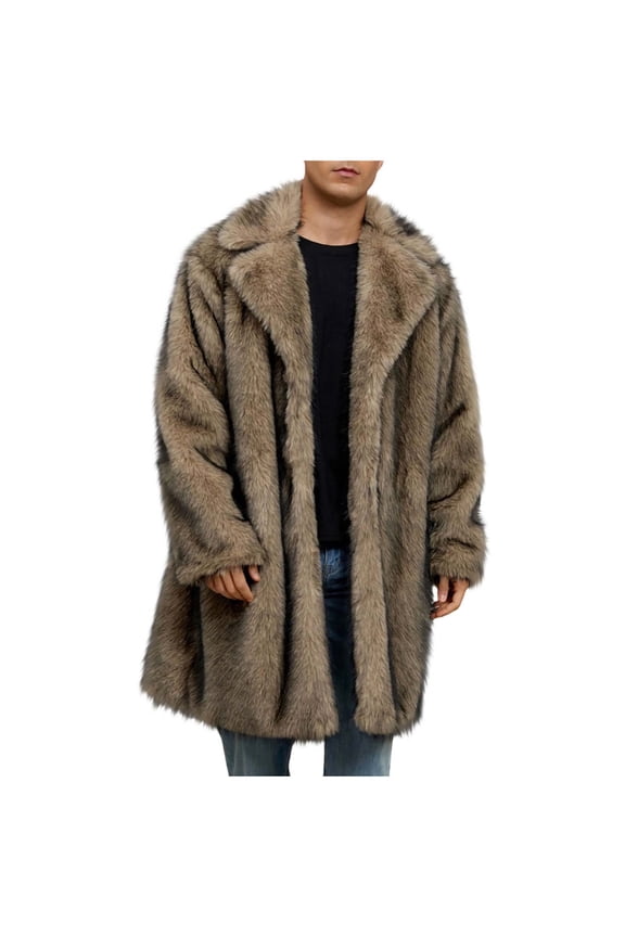 Mens Faux Fur Coat Winter Long Fleece Jacket Fluffy Lapel Long Sleeve Parka Warm Open Front Cardigan Overcoat