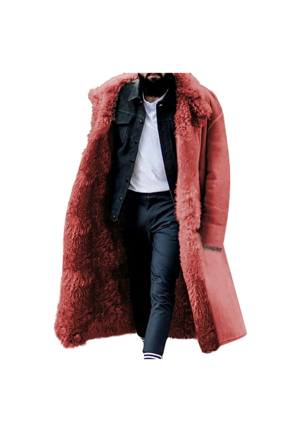 Mens Faux Fur Fleece Thicken Winter Trench Overcoat Parka Plus Size Vintage Long Length Knee Warm Peacoat Windbreaker Jackets