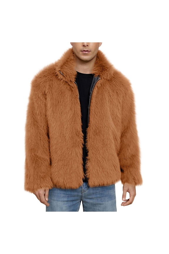 Mens Faux Fur Jacket Fluffy Furry Zipper Coats Lapel Collar Long Sleeve Outerwear Winter Warm Cardigans (L, Orange)