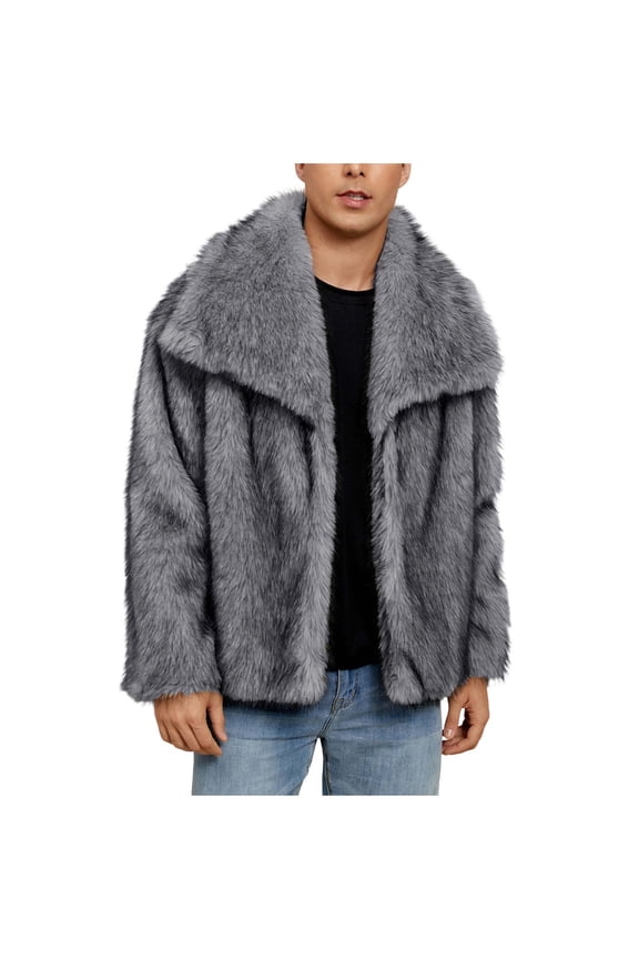 Mens Faux Fur Jacket Lapel Collar Fluffy Furry Coats Long Sleeve Open Front Outerwear Winter Warm Overcoat