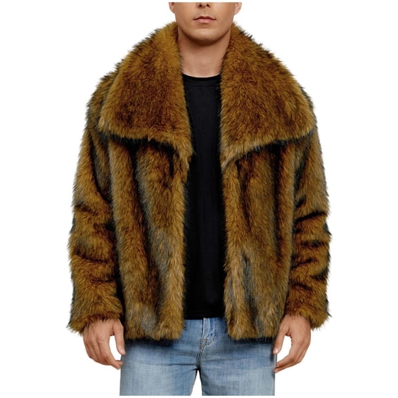 Mens Faux Fur Jacket Lapel Collar Fluffy Furry Coats Long Sleeve Open Front Outerwear Winter Warm Overcoat