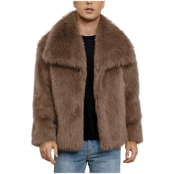 Mens Faux Fur Jacket Lapel Collar Fluffy Furry Coats Long Sleeve Open Front Outerwear Winter Warm Overcoat