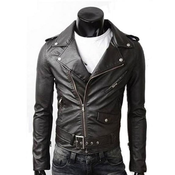 Mens Faux Leather Biker Jacket with Zipper Detail