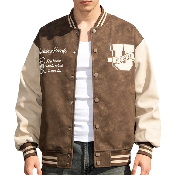 RAOENJADO Mens PU Leather Bomber Jacket Retro Brown Biker Letterman Coat Varsity Streetwear XXXL