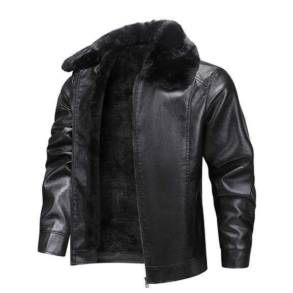 Mens Faux Leather Bomber Jacket with Fur Collar Winter Warm Fleece Lined Aviator Flight Shearling Style Outerwear