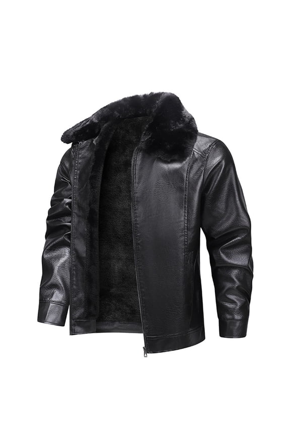 Mens Faux Leather Bomber Jacket with Fur Collar Winter Warm Fleece Lined Aviator Flight Shearling Style Outerwear