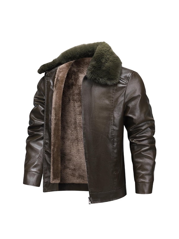 Mens Faux Leather Bomber Jacket with Fur Collar Winter Warm Fleece Lined Aviator Flight Shearling Style Outerwear