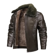Mens Faux Leather Bomber Jacket with Fur Collar Winter Warm Fleece Lined Aviator Flight Shearling Style Outerwear