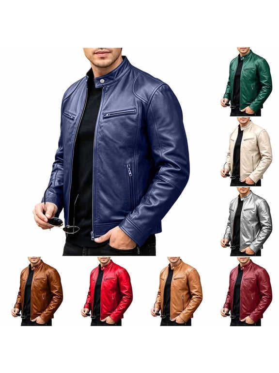 Mens Faux Leather Jacket Moto Style Vintage Bomber Jacket with Zipper Pocket, Quilted Cafe Racer Classic Zip Up Biker Jacket for Men Size S-5XL Dark Blue