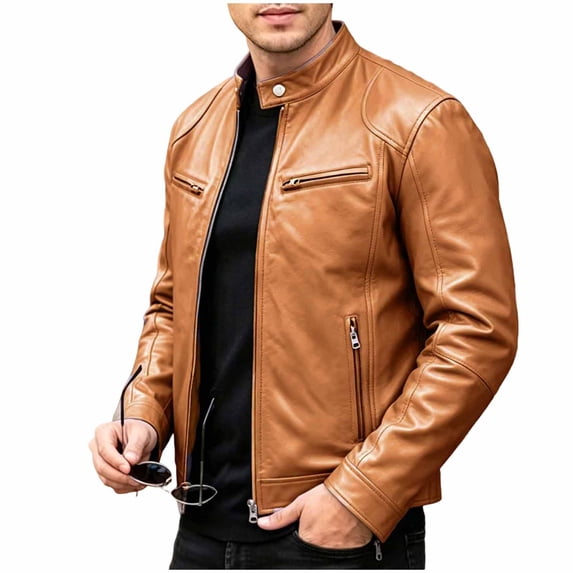 Mens Faux Leather Jacket Moto Style Vintage Bomber Jacket with Zipper Pocket, Quilted Cafe Racer Classic Zip Up Biker Jacket for Men Size S-5XL Khaki