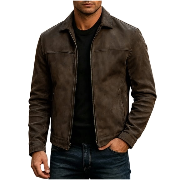 Mens Faux Leather Jacket,Motorcycle Vintage Racing Jacket Full Zip Lightweight Classic Western Style Trucker Coat Size 3XL Brown