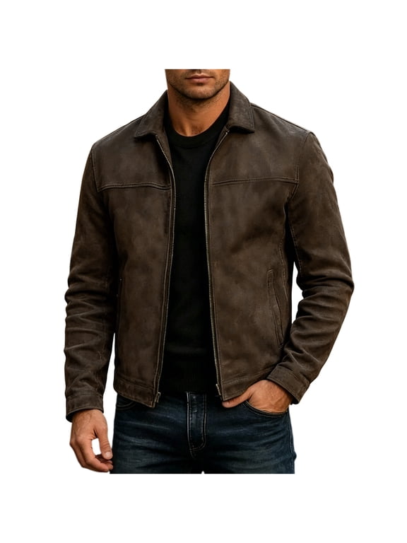 Mens Faux Leather Jacket,Motorcycle Vintage Racing Jacket Full Zip Lightweight Classic Western Style Trucker Coat Size 3XL Brown