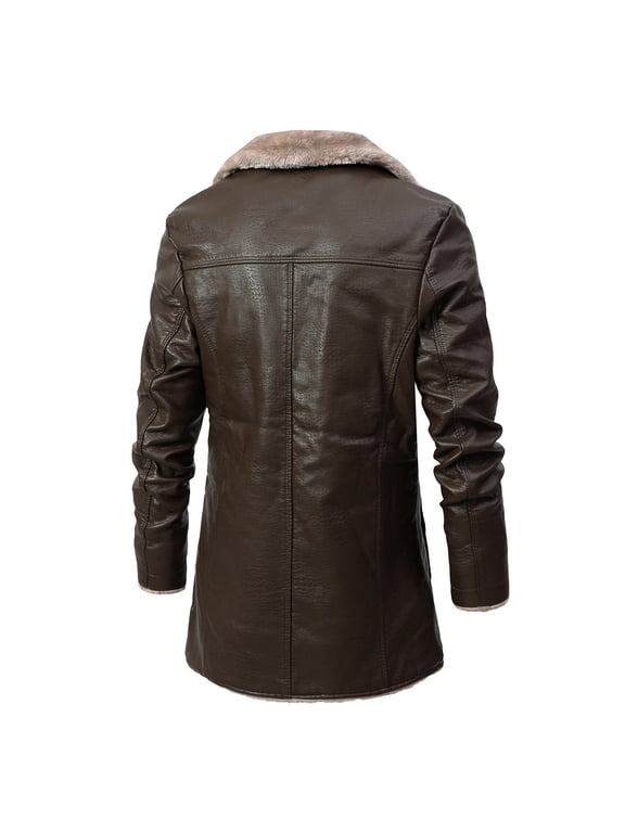 Mens Leather Jacket Thick Shearling Lapel Collar Botton Down Long Trench Coats Black Brown
