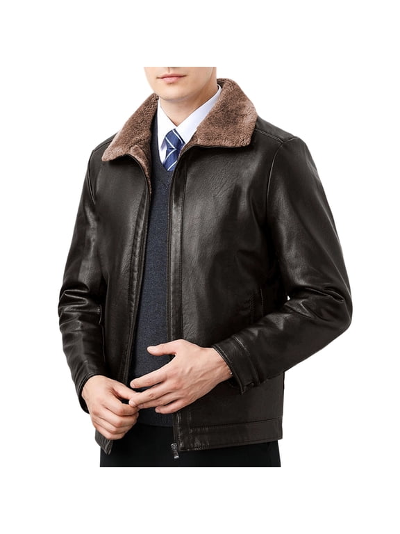 Mens Faux Leather Motorcycle Jacket Sherpa Fleece Lined Warm Windproof Coat Full Zip Up Shearling Turndown Collar with Pockets for Fall Winter, Brown, S