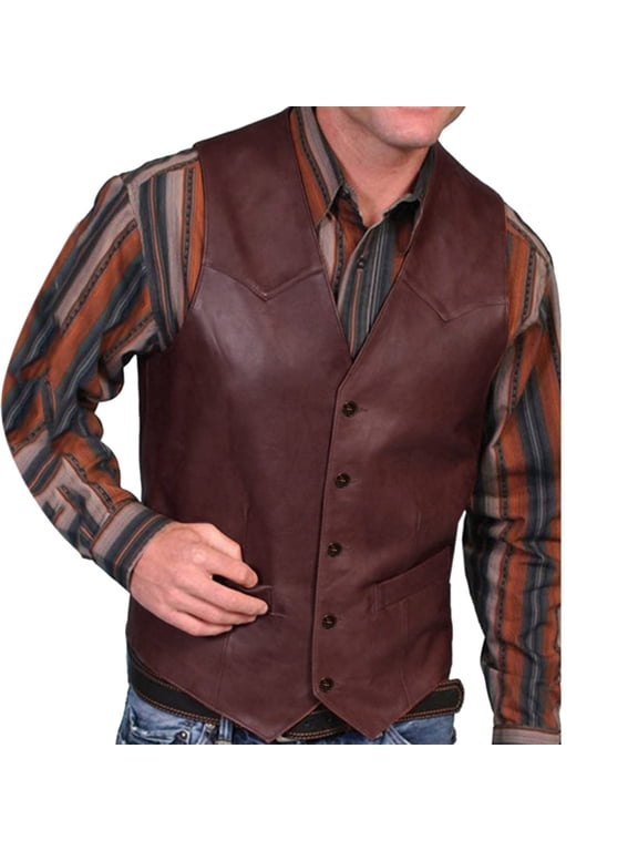 Mens Faux Leather Vest Retro Western Style Cowboy Waistcoat Slim Fit Single Breasted Vest Solid Color Sleeveless Jackets Red M