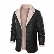 Mens Faux Pu Leather Jacket Fleece Sherpa Lined Long Trench Coats Heavyweight Fur Collar Plus Size Motorcycle Jacket