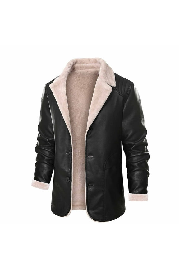 Mens Faux Pu Leather Jacket Fleece Sherpa Lined Long Trench Coats Heavyweight Fur Collar Plus Size Motorcycle Jacket