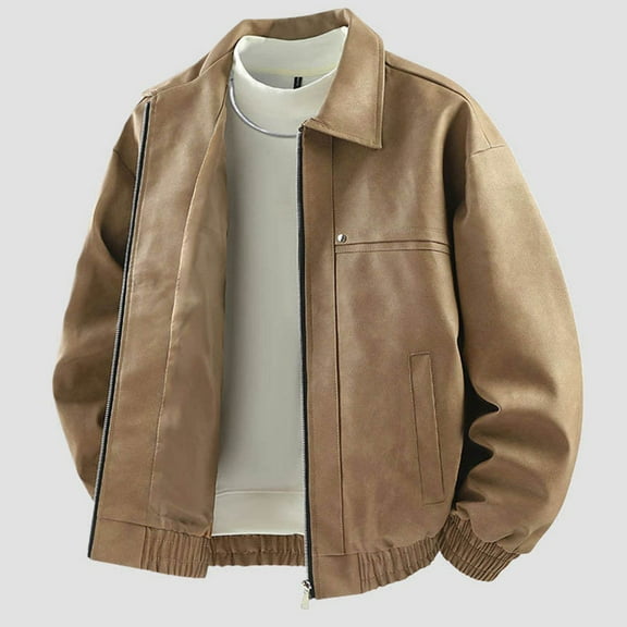 Mens Faux Suede Bomber Jacket Full Zip Turndown Collar Jackets with Pockets Windproof Warm Coat Casual Loose Fitting Coats Solid Color Outerwear