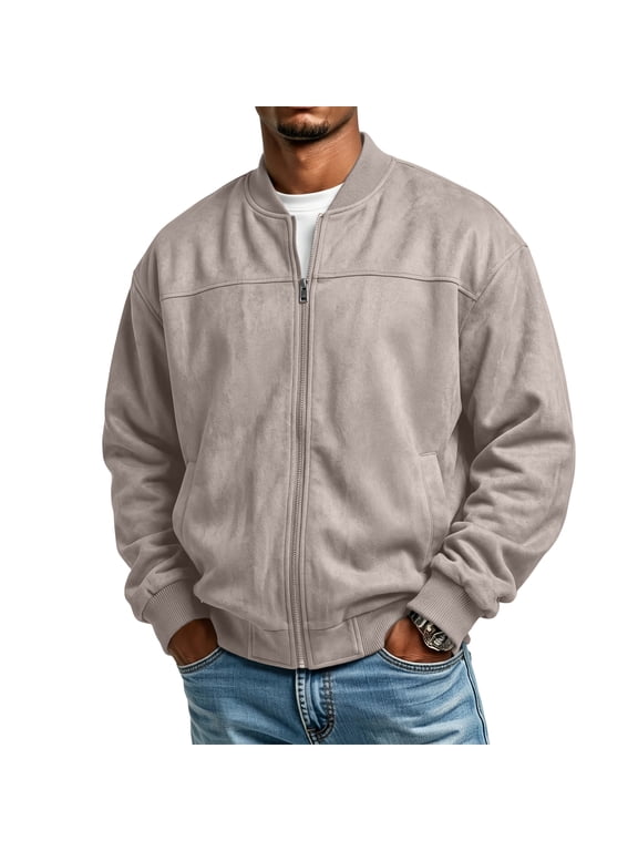Mens Faux Suede Jacket Stand Rib Collar Long Sleeve Coat with Pocket Casual Loose Fit Solid Color Fall Winter Daily Wear Brown L