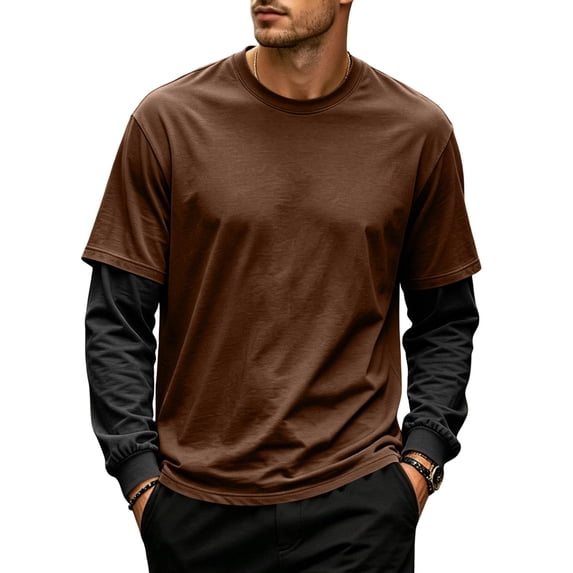 Mens Faux Two Piece Shirts Crew Neck Long Sleeve Pullover Tops Brown 3XL