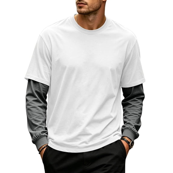 Mens Faux Two Piece Shirts Crew Neck Long Sleeve Pullover Tops Cyan 3XL